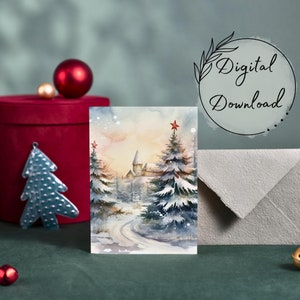 Printable Winter Pine Trees Greeting Card, PDF Download, Pine Trees Christmas, Blank Greeting Card, Pine Trees Watercolor Card,