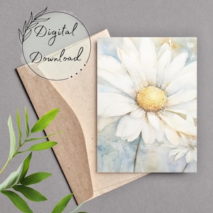 Cartão de felicitações para impressão de flor de margarida, download em PDF, cartão para todas as ocasiões, cartão de felicitações em branco, cartão de aquarela, cartão de aniversário, cartão de melhoras