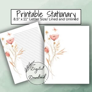 May include: Printable stationery featuring a watercolor design of pink flowers and brown stems on a white background. The paper is lined and unlined. The text "Printable Stationary 8.5" x 11" Letter Size/ Lined and Unlined" is at the top of the image. The text "Digital Download" is at the bottom of the image.