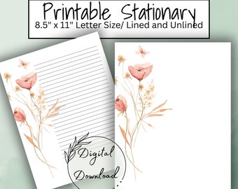 Printable Pink Wildflower Stationary Lined and Unlined, PDF Download,  Printable Stationary Set, Printable Download, Note paper, Notes