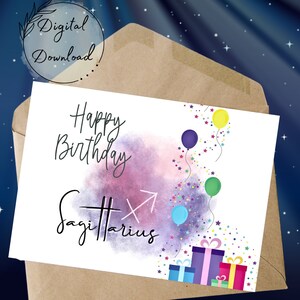 Happy Birthday Sagittarius Printable Card, PDF Download, Sagittarius Birthday, Blank Greeting Card, Zodiac Birthday Card, November Birthday