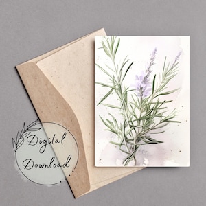 Cartão de felicitações para impressão com flores de alecrim, download em PDF, cartão para todas as ocasiões, cartão de felicitações em branco, cartão de aquarela, cartão de felicitações de aniversário