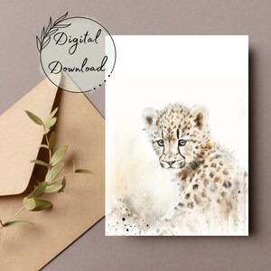 Baby Leopard Aquarell druckbare Grußkarte, PDF-Download, All-Occasion Karte, leere Grußkarte, Geburtstagskarte, Wildtier Karte