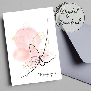 Vlinder dank u afdrukbare wenskaart, PDF-download, kaart voor alle gelegenheden, lege wenskaart, aquarelkaart, Bedankkaart