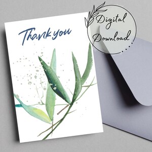 Danke Aquarell Bambusblätter druckbare Grußkarte, PDF Download, Karte für alle Gelegenheiten, leere Grußkarte, Original Aquarell Karte,
