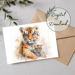 Tiger und Baby Aquarell druckbare Grußkarte, PDF Download, Karte für alle Gelegenheiten, leere Grußkarte, Geburtstagskarte, Wildtierkarte
