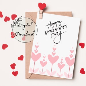 Druckbare Blumen Herzen Valentinstags-Grußkarte, PDF-Download, Karte für alle Anlässe, leere Grußkarte, Valentinstagsgrüße, Liebesnotizen