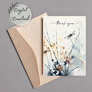 Afdrukbare dank u aquarel Dragonfly wenskaart, PDF downloaden, kaart voor alle gelegenheden, lege wenskaart, aquarel kaart, dank u