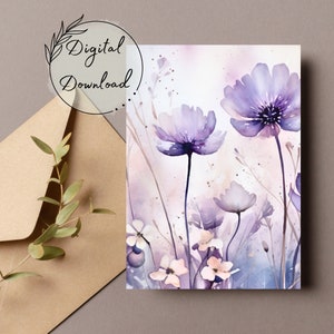 Lila Wildblumen druckbare Grußkarte, PDF-Download, All-Occasion Karte, leere Grußkarte, Aquarell Karte, Geburtstagskarte, gute Besserung
