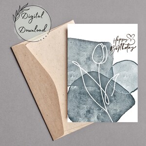 Cartão de feliz aniversário para impressão Tulipa branca, download em PDF, cartão de aniversário para qualquer pessoa, cartão de felicitações em branco, feliz aniversário floral