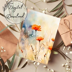 Orange Wildblumen druckbare Grußkarte, PDF-Download, All-Occasion Karte, leere Grußkarte, Aquarell Karte, Geburtstagskarte, gute Besserung