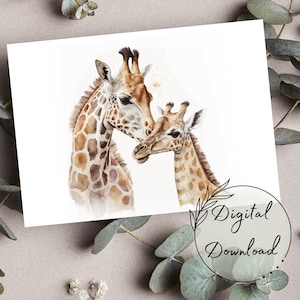 Giraffe Mama und Baby Aquarell druckbare Grußkarte, PDF Download, Karte für alle Gelegenheiten, leere Grußkarte, Geburtstagskarte, Wildtierkarte