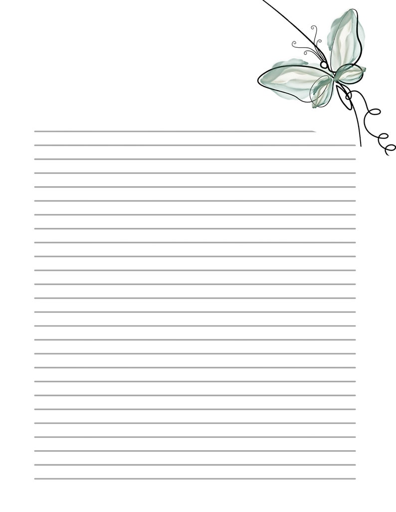 Butterfly Note Paper Printable Mint Butterfly Stationary Lined and Unlined, PDF Download ...