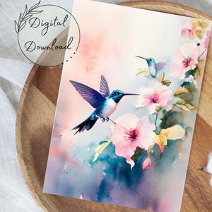 Tarjeta de felicitación imprimible con diseño de colibrí y flores / Diseño de acuarela para el Día de la Madre, cumpleaños, aniversario, agradecimiento, pensando en ti