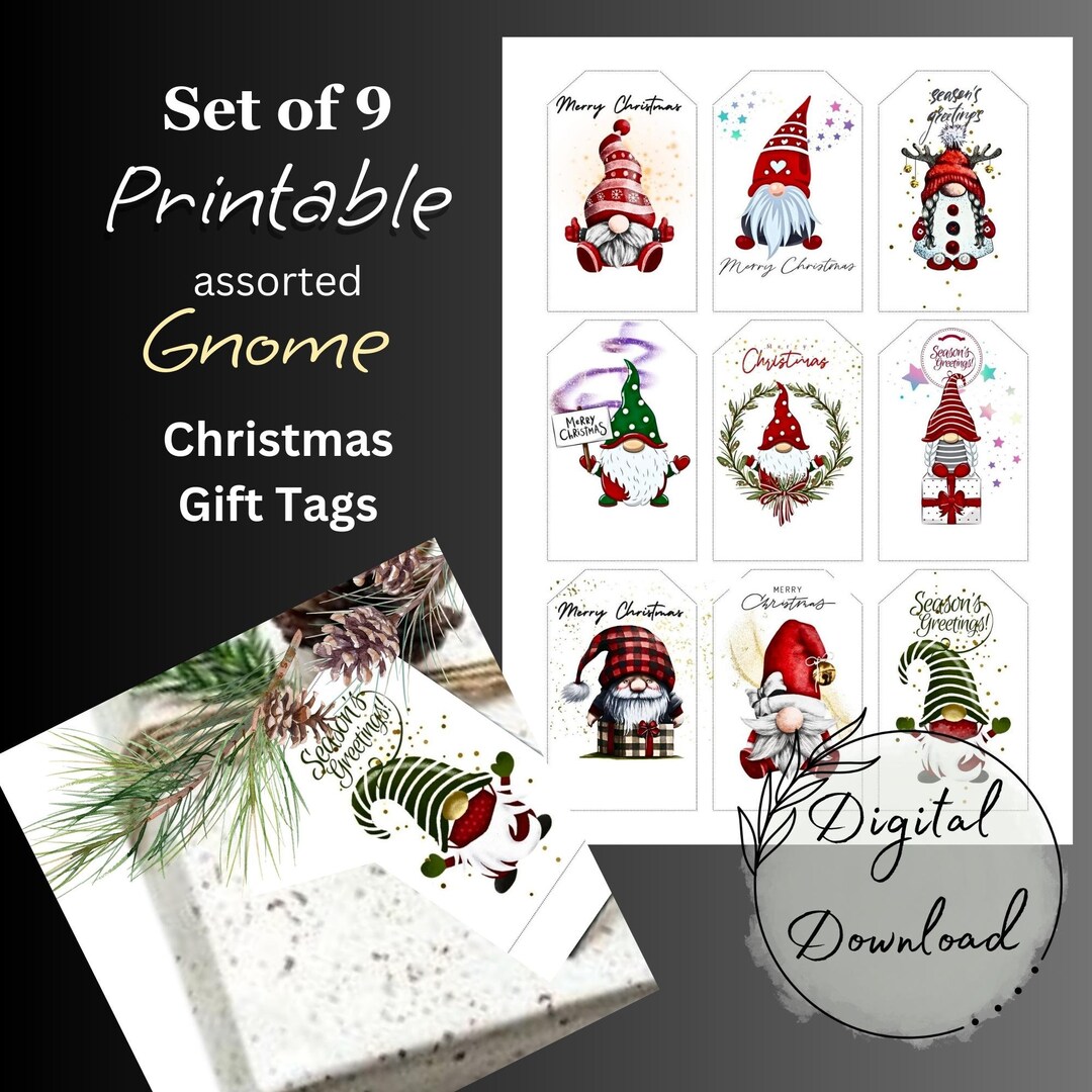 Set of 9 Printable Assorted Christmas Gnome Gift Tags, PDF Download ...