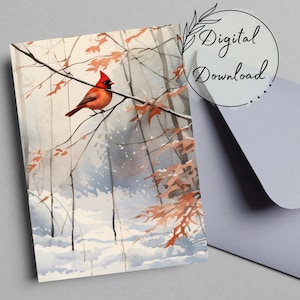 Printable Watercolor Cardinal in Winter Greeting Card, Christmas Card, PDF Download Card, Blank Greeting Card, Minimalist Christmas Card