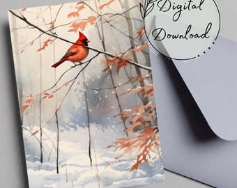 Watercolor Cardinal Winter Greeting Card, Blank Christmas Card (PDF Download)