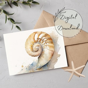 Nautilus Aquarell druckbare Grußkarte, PDF-Download, Karte für alle Gelegenheiten, leere Grußkarte, Geburtstagskarte, Marine Leben Karte