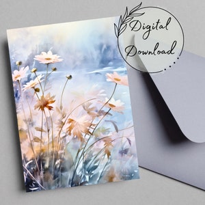 Misty Wildflowers Grußkarte, PDF Download, Karte für alle Anlässe, leere Grußkarte, Aquarell Karte, Geburtstagskarte, Gute Besserung