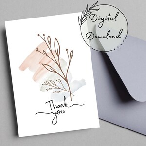 Minimalistische Blumen Danke druckbare Grußkarte, PDF Download, All-Occasion Karte, leere Grußkarte, Aquarell Karte, Dankeskarte