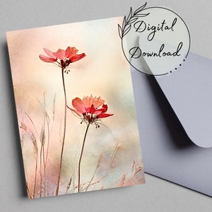 Rote Wildblumen druckbare Grußkarte, PDF-Download, All-Occasion Karte, leere Grußkarte, Aquarell Karte, Geburtstagskarte, gute Besserung