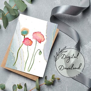 抽象的な水彩画の花の茎の印刷可能なグリーティング カード、PDF ダウンロード、あらゆる機会のカード、空白のグリーティング カード、記念日カード