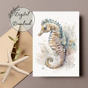 Seepferdchen Aquarell druckbare Grußkarte, PDF-Download, All-Occasion Karte, leere Grußkarte, Geburtstagskarte, Meereslebewesen-Karte