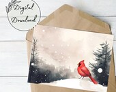 Cardinal in Winter Snow Printable Greeting Card, Christmas Watercolor Art, Holiday Card PDF Download, Red Bird in Snowy Landscape, 5x7"