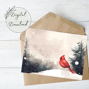 Cardinal en hiver neige carte de voeux imprimable, aquarelle de Noël, carte de vœux à télécharger PDF, oiseau rouge dans un paysage enneigé, 5 x 7 po