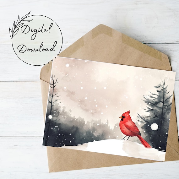 Cardinal in Winter Snow Printable Greeting Card, Christmas Watercolor Art, Holiday Card PDF Download, Red Bird in Snowy Landscape, 5x7"