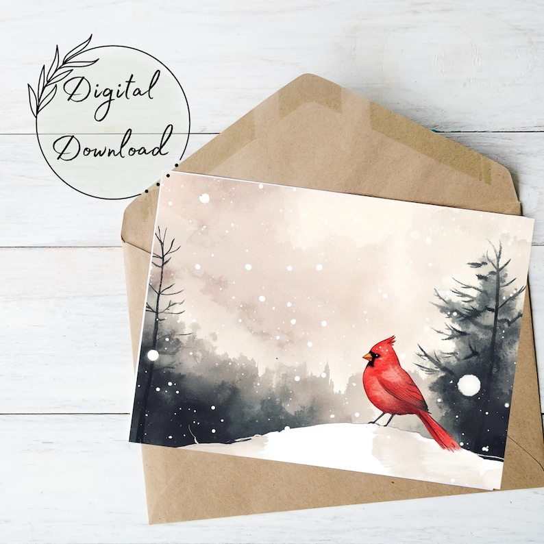 May include: A watercolor painting of a red cardinal bird perched on a snowy branch in a winter forest. The background is a soft, muted blue with white snowflakes falling.