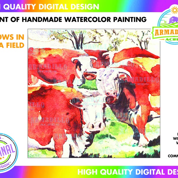 Reprint von handgemachtem Aquarell Bild, druckbare, bunte Kunst, Kuhherde auf der Weide, 3 Kühe schauen während sie wiederkäuen