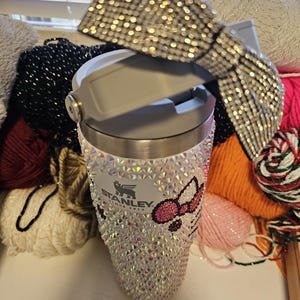 HK Hello Stanley 30oz IceFlow Flip Straw | Bedazzled & Blinged Rhinestone Custom Stanley Tumbler | Rhinestone Hair Clip Included |