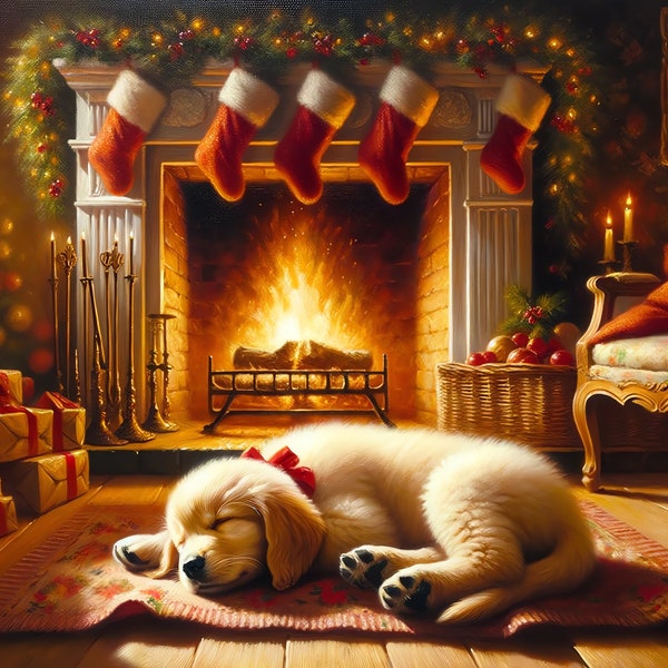 Samsung Frame TV Art | Christmas | Puppy Asleep by Fireplace | Digital Oil Painting