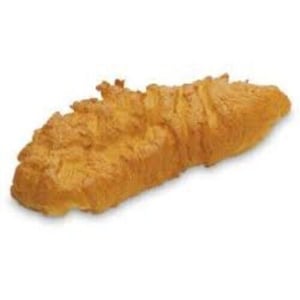 May include: A golden brown, deep-fried fish fillet, with a crispy, flaky texture.