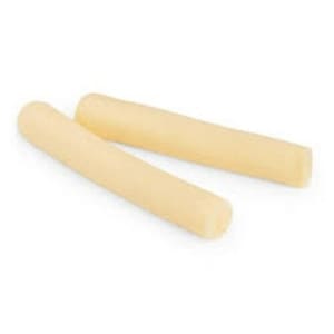 May include: Two long, thin, pale yellow mozzarella sticks.