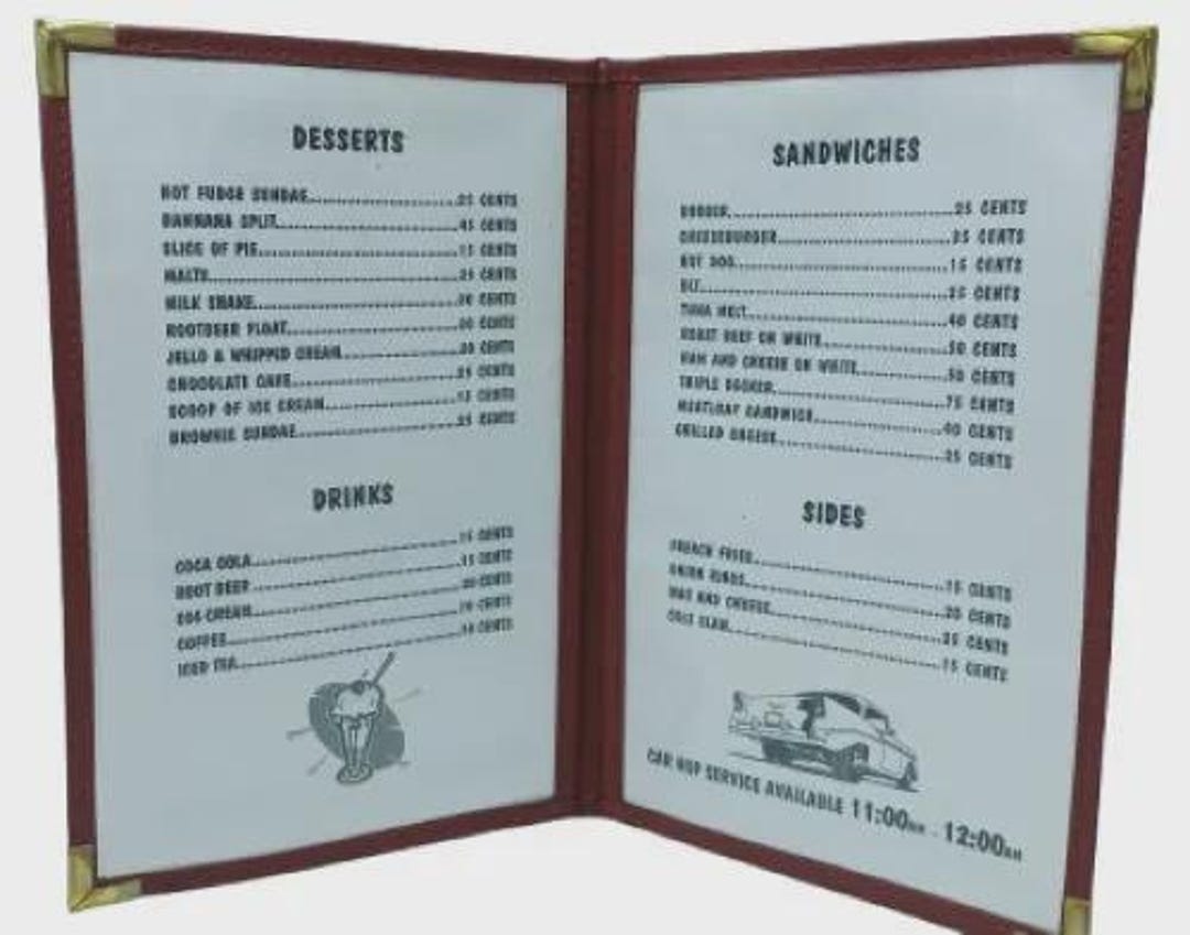 50's Diner Menu Fake Food Replica - Etsy