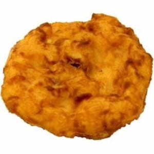 May include: A deep-fried, golden brown, round pastry with a hole in the centre. The pastry has a crispy exterior and a soft, fluffy interior.