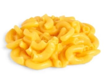 May include: A close-up of a pile of macaroni and cheese, with the noodles coated in a thick, cheesy sauce.