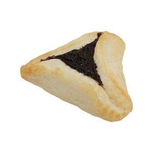 May include: A triangular shaped pastry filled with chocolate filling. The pastry is light brown in color and has a slightly crispy texture.
