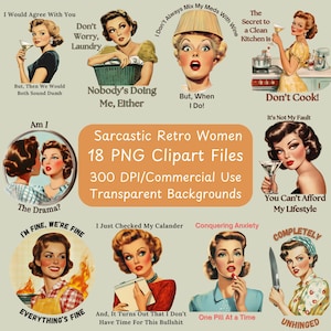 Retro 1950 Kobiety z sarkastycznymi powiedzeniami - Pakiet Clipart - 18 Plików PNG - Użytek komercyjny - Natychmiastowe pobieranie cyfrowe - Zabawna sztuka - Picie