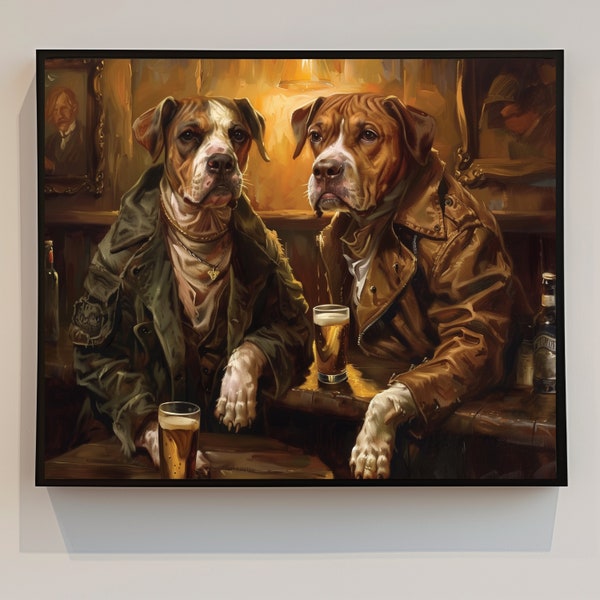 Two Dogs At Bar Drinking Beer - Dog Art - Digital Print - Large Dogs - Funny Wall Decor - Oil Painting - Poster - Pet Art - w21