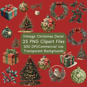 Vintage Christmas Decor PNG Clipart Bundle - 25 PNG Files - Transparent Background - Commercial Use - Art - Digital Download - Invitations