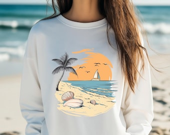 Beach, Sailboat, Palm Tree - Sublimation PNG File - Shirt, Hoodie Design - Vacation Apparel - Circle Graphic - Summer - Digital Download