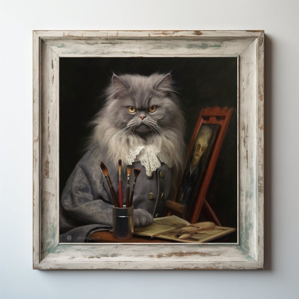 17th Century Cat Artist - Funny Animal Wall Decor - Serious Cat - Home Decor - Portrait - Printable - Digital Download Print - Pet Art - B64