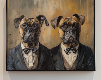 Two Dogs In Tuxedos - Dog Art - Digital Print - Boxer Dogs - Funny Wall Decor - Oil Painting - Poster - Pet Art - w9