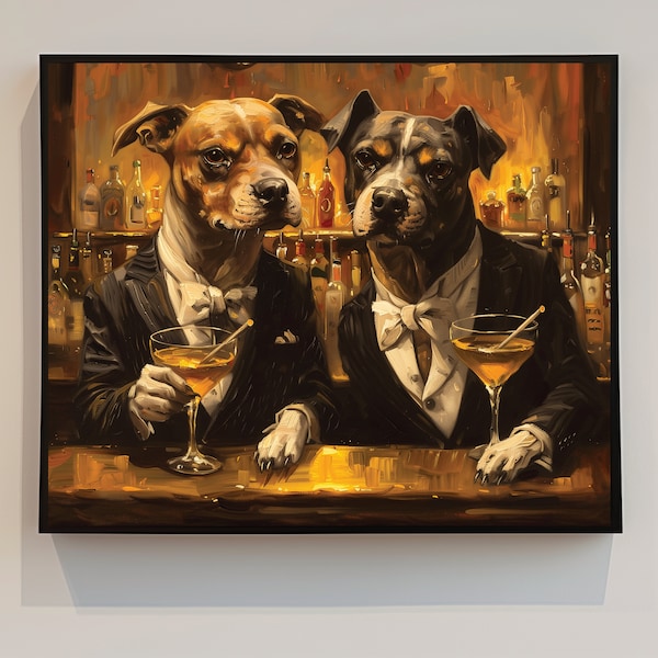 Two Dogs In Tuxedos At Bar Drinking Martinis - Dog Art - Digital Print - Boxers - Funny Wall Decor - Oil Painting - Poster - Pet Art - w14