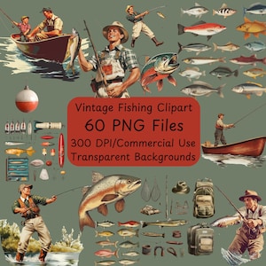 Vintage pêche - Clipart Bundle - 60 fichiers PNG - usage commercial - téléchargement numérique instantané - pêcheurs rétro - canne à pêche - boîte à accessoires