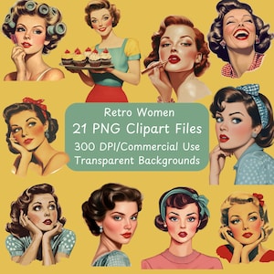 Mulheres retrô dos anos 1950 - Pacote de clipart - 21 arquivos PNG - Uso comercial - Download digital instantâneo - Mulheres na cozinha - Donas de casa - Arte engraçada