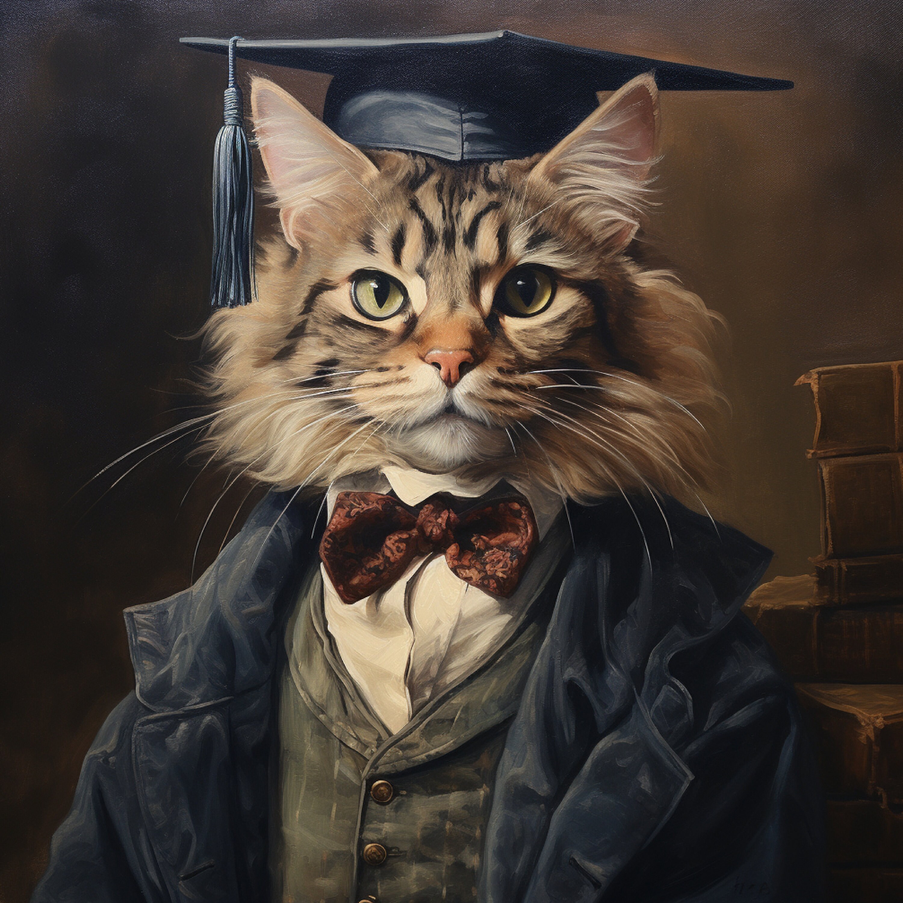 Graduation Cat in A Bowtie Funny Animal Wall Decor Cat in Hat Home ...